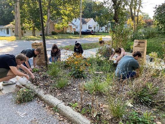 Students in a garden working the ground
